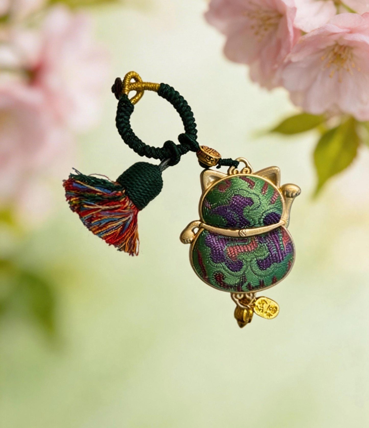 Green Maneki Neko lucky charm by JOFAE Kyoto, traditional Japanese handmade amulet symbolizing luck, harmony, and balance.