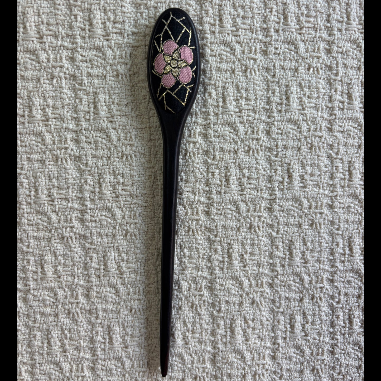 JOFAE Kyoto Sakura Blossom wooden hair stick with ebony black finish and floral brocade design for elegant traditional hairstyle accessories.