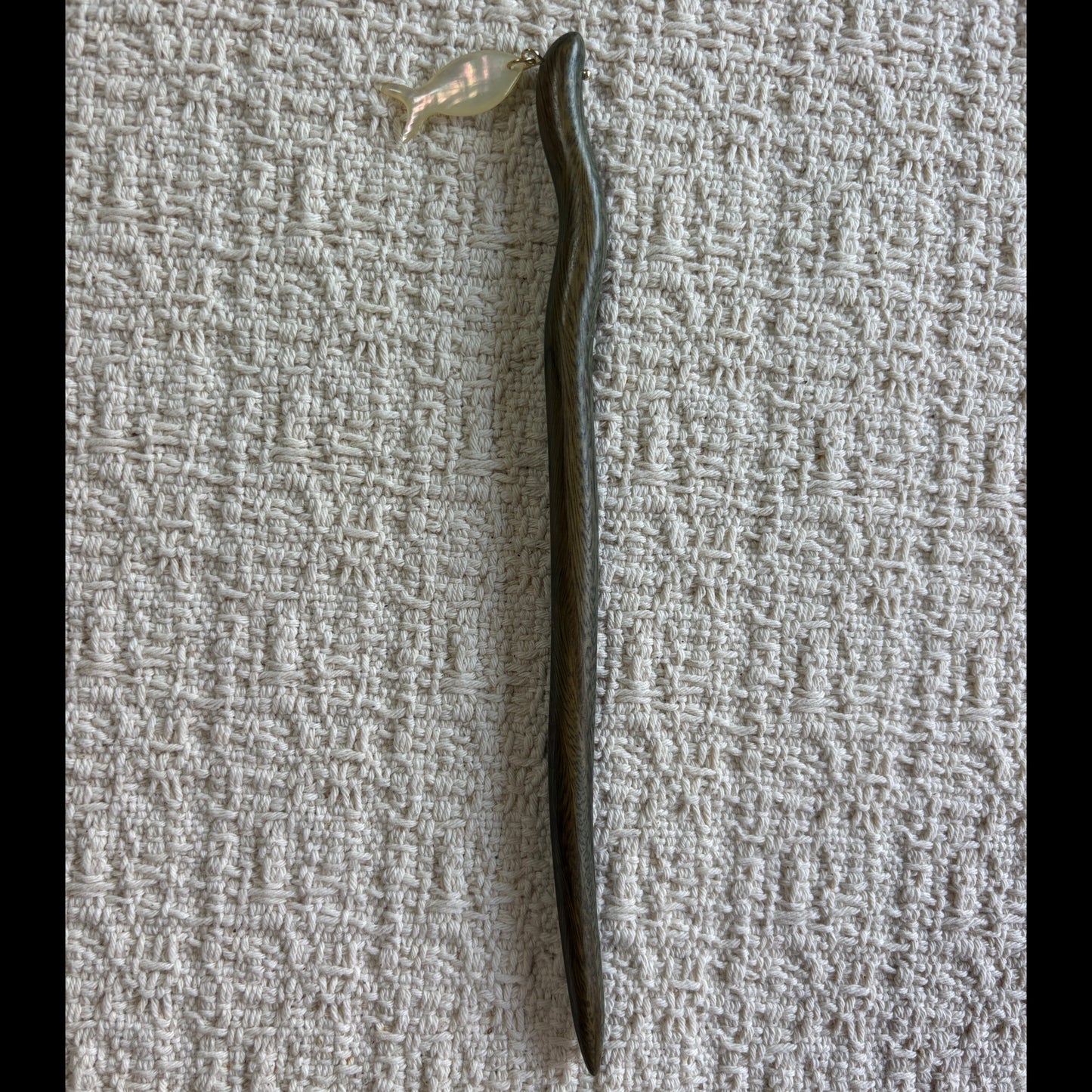 JOFAE Kyoto green sandalwood hair stick with fish pendant, minimalist natural wood hair pin inspired by Kyoto elegance