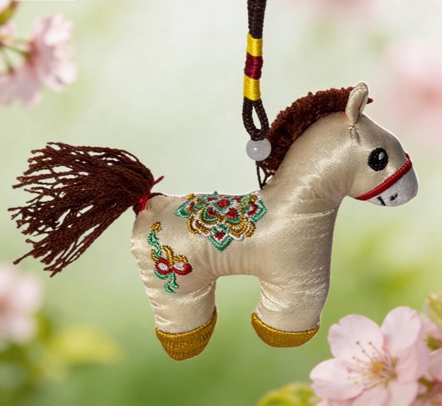 Ivory Lucky Horse Charm from JOFAE Kyoto, handcrafted Japanese amulet featuring embroidery, symbolizing safe journey and protection.