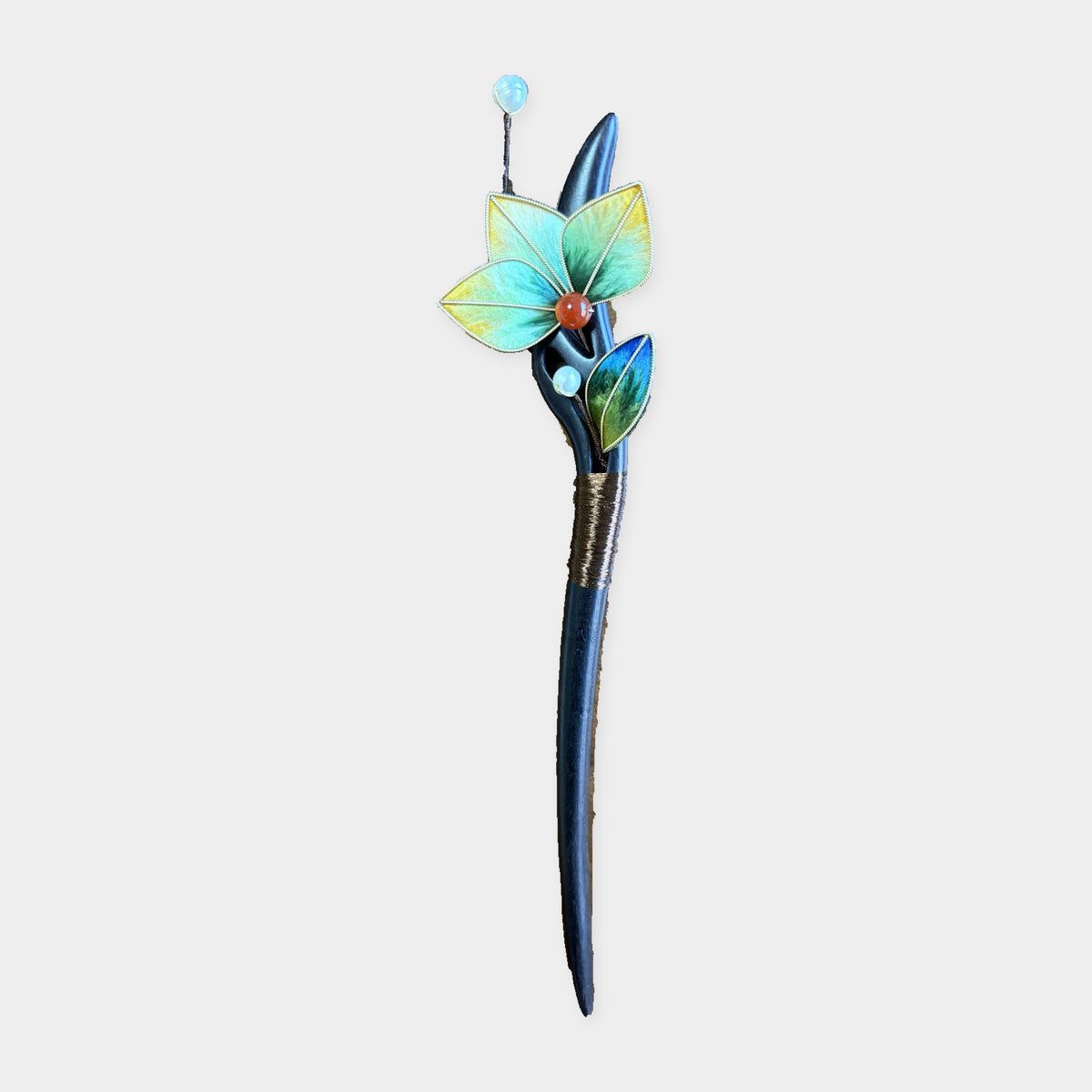 Green Leaf Hair Stick with Red Bead