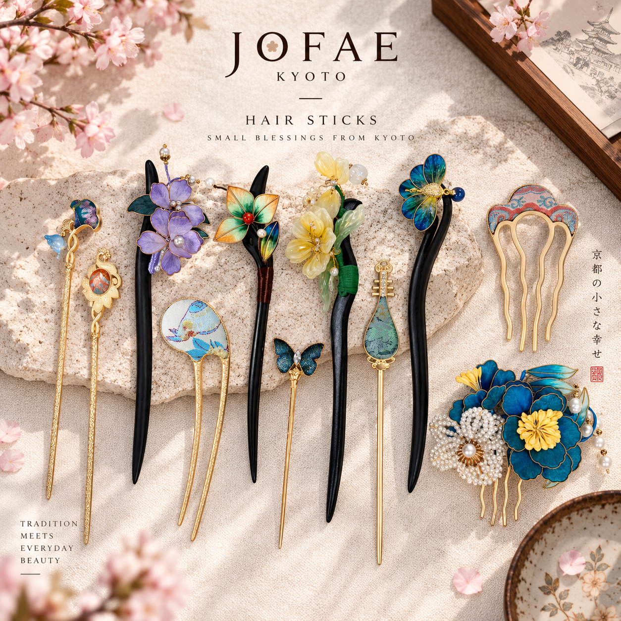 JOFAE collection featuring original brocade accessories on washi paper