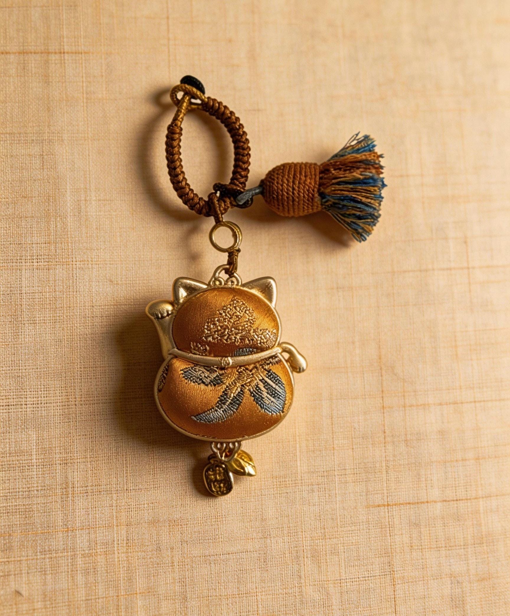 Yellow Maneki Neko Lucky Charm from JOFAE Kyoto, handcrafted amulet symbolizing wealth, success, and abundance in a traditional style.