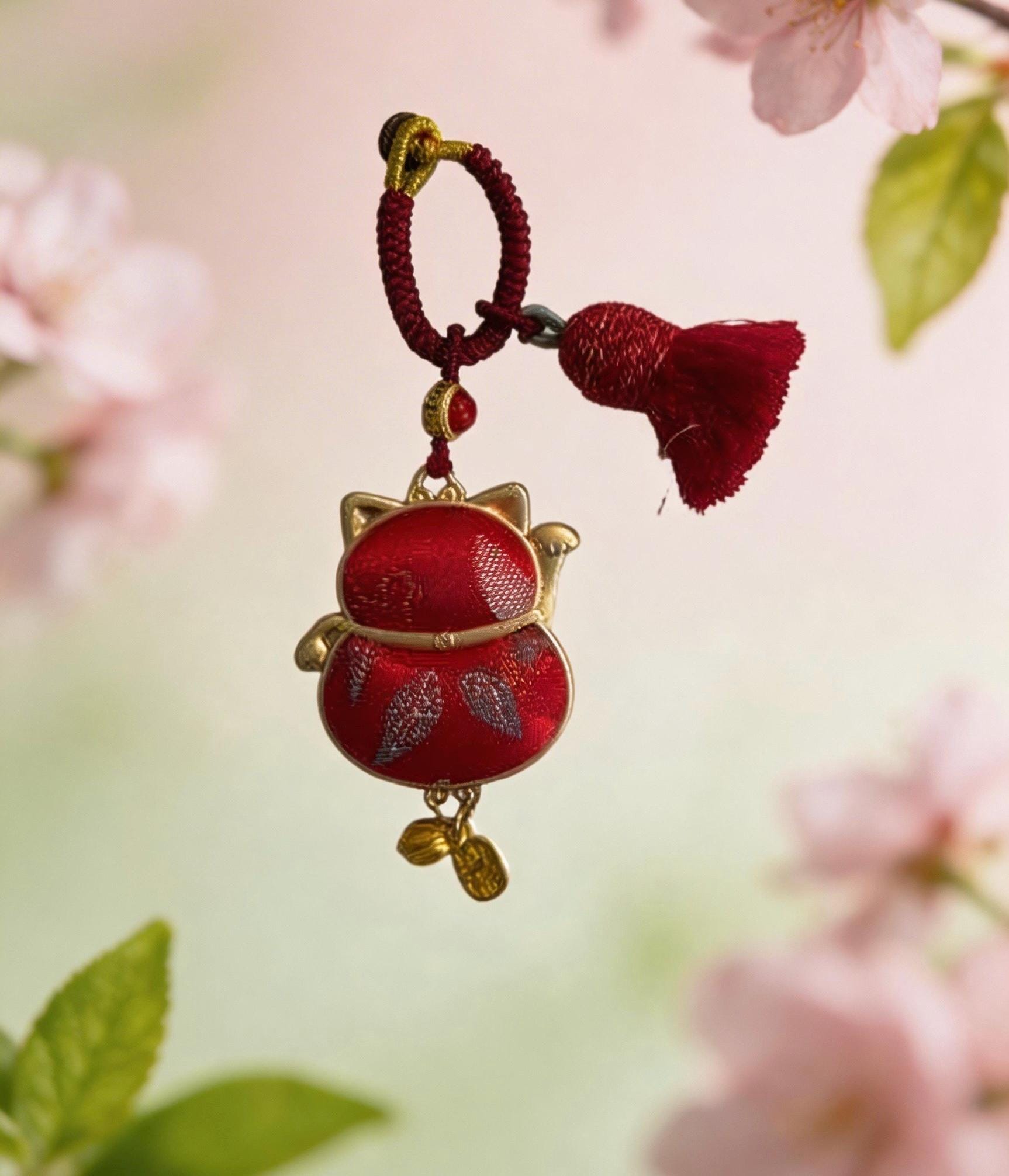 Red Maneki Neko lucky charm by JOFAE Kyoto, handmade Japanese amulet symbolizing wealth, prosperity, and good fortune.