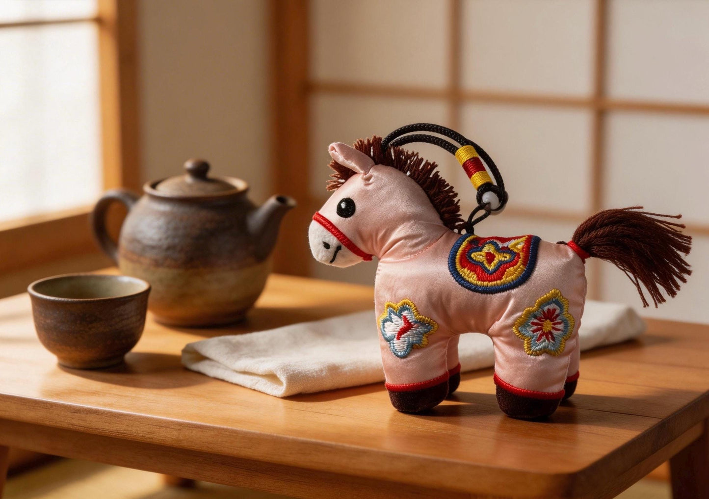 Pink Lucky Horse Charm by JOFAE Kyoto, handmade amulet symbolizing love, kindness, and emotional warmth, inspired by Kyoto craft.