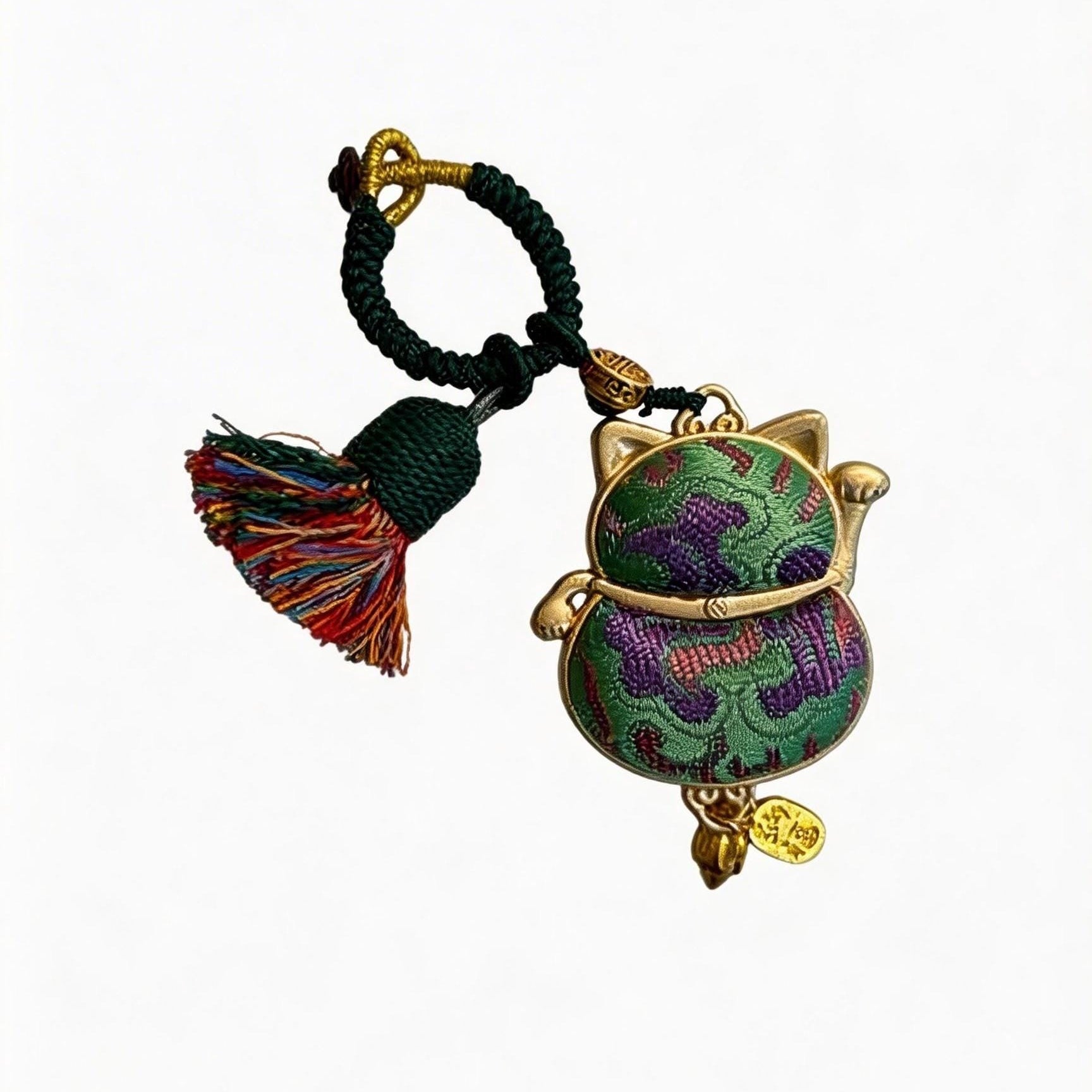 Green Maneki Neko lucky charm by JOFAE Kyoto, handmade Japanese amulet symbolizing harmony, balance, and good luck.