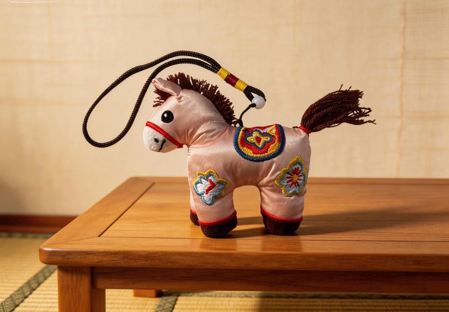 Pink Lucky Horse Charm by JOFAE Kyoto, handcrafted amulet symbolizing love, kindness, and emotional warmth, inspired by Kyoto craft.