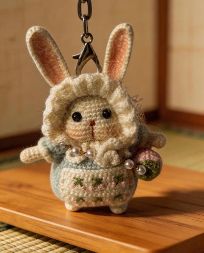 Kyoto-inspired handmade amigurumi moon rabbit lucky charm by JOFAE Kyoto, featuring detailed crochet craftsmanship and peaceful design