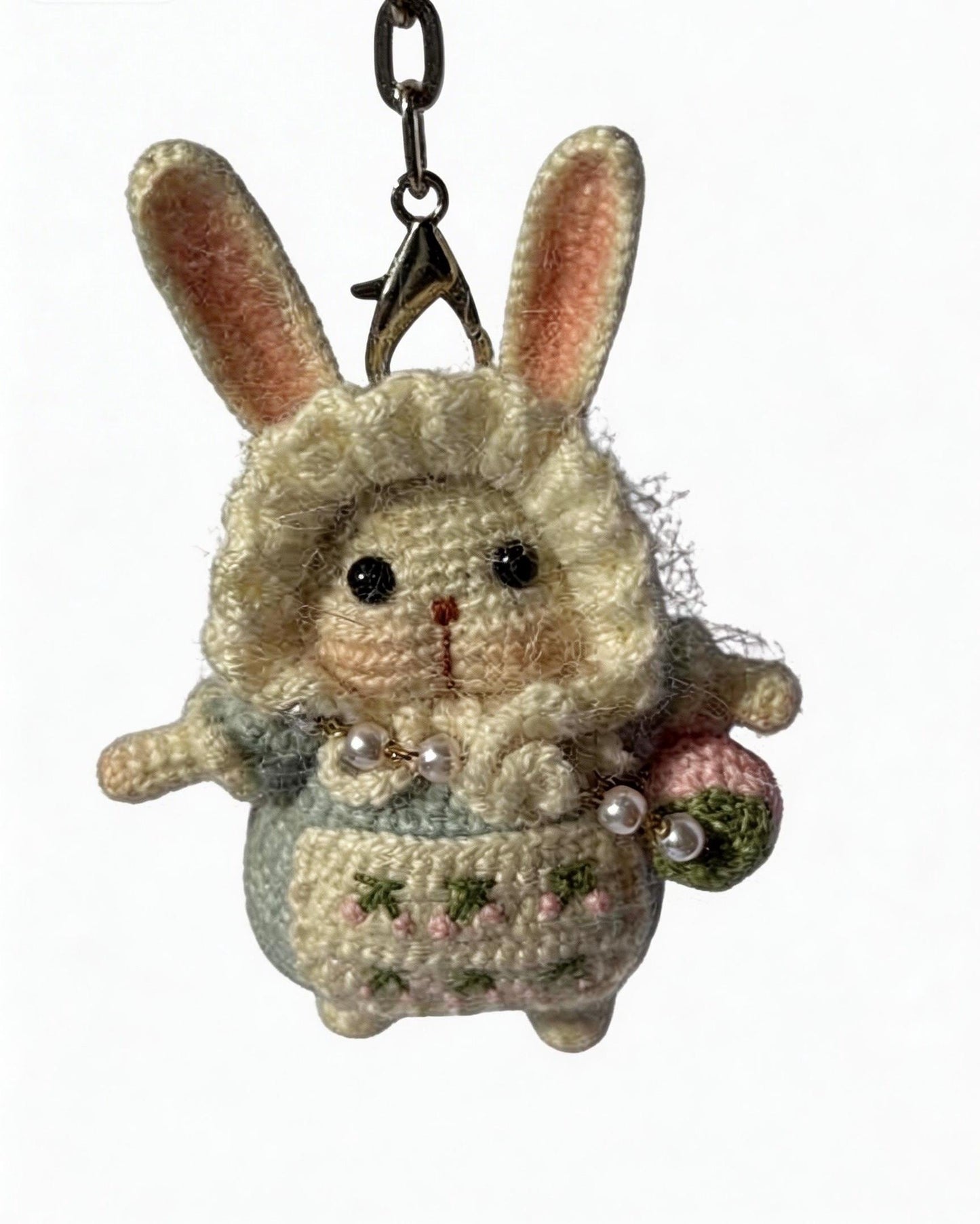 Kyoto-inspired handmade amigurumi moon rabbit lucky charm by JOFAE Kyoto, featuring detailed crochet craftsmanship and peaceful design.