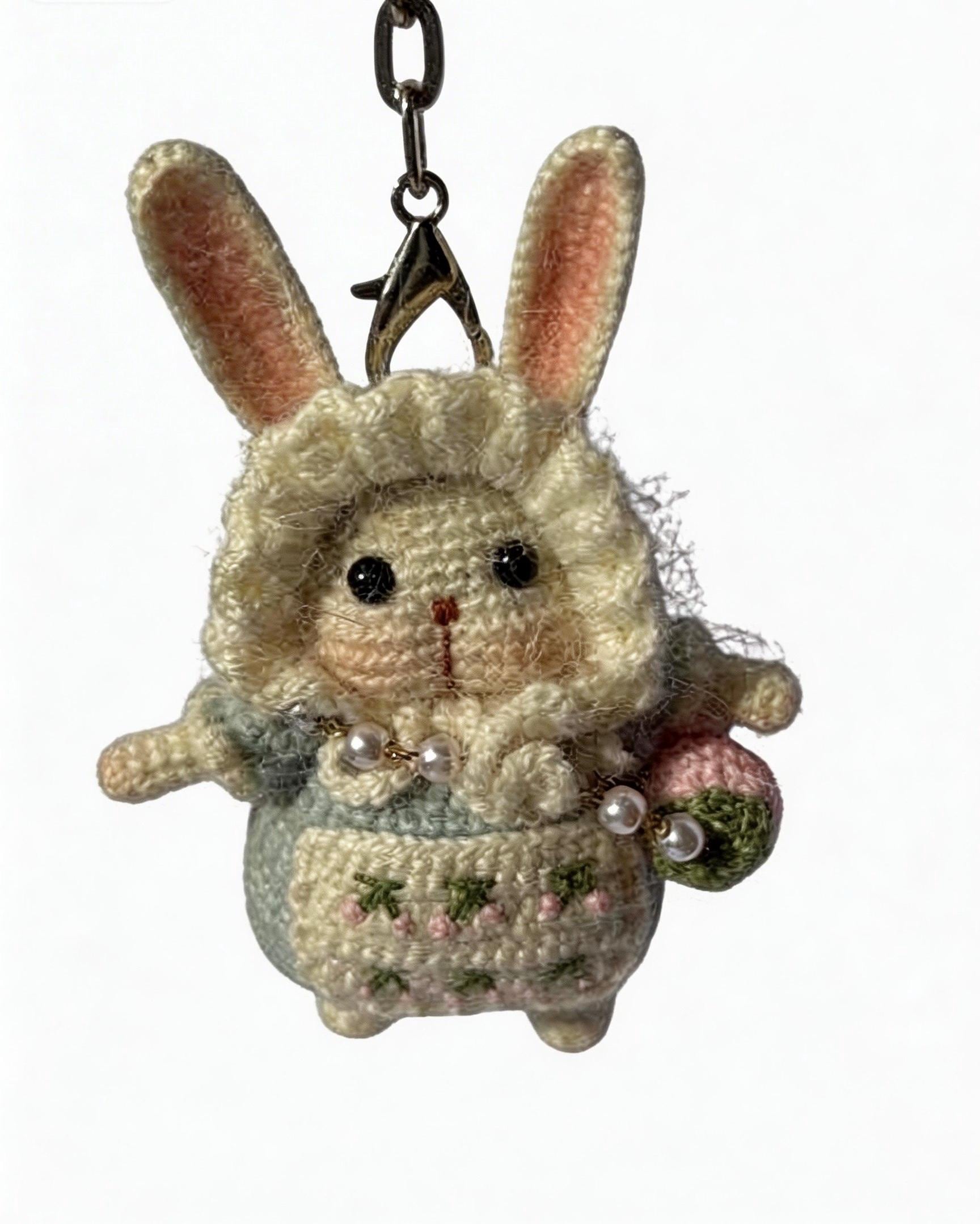 Kyoto-inspired handmade amigurumi moon rabbit lucky charm by JOFAE Kyoto, featuring detailed crochet craftsmanship and peaceful design.
