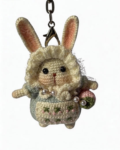 Kyoto-inspired handmade amigurumi moon rabbit lucky charm by JOFAE Kyoto, featuring detailed crochet craftsmanship and peaceful design.