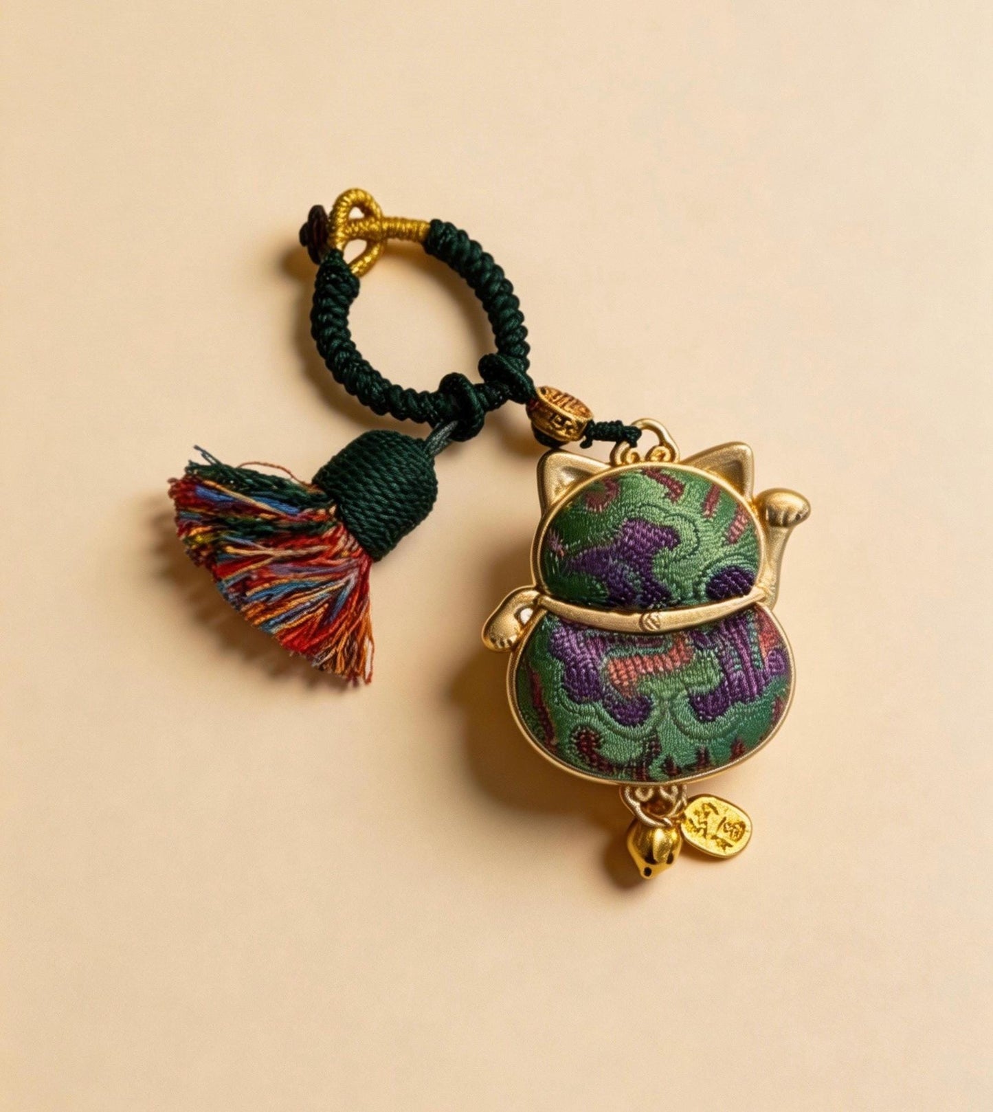 Green Maneki Neko Lucky Charm from JOFAE Kyoto, handmade Japanese amulet symbolizing good luck, harmony, and balance.