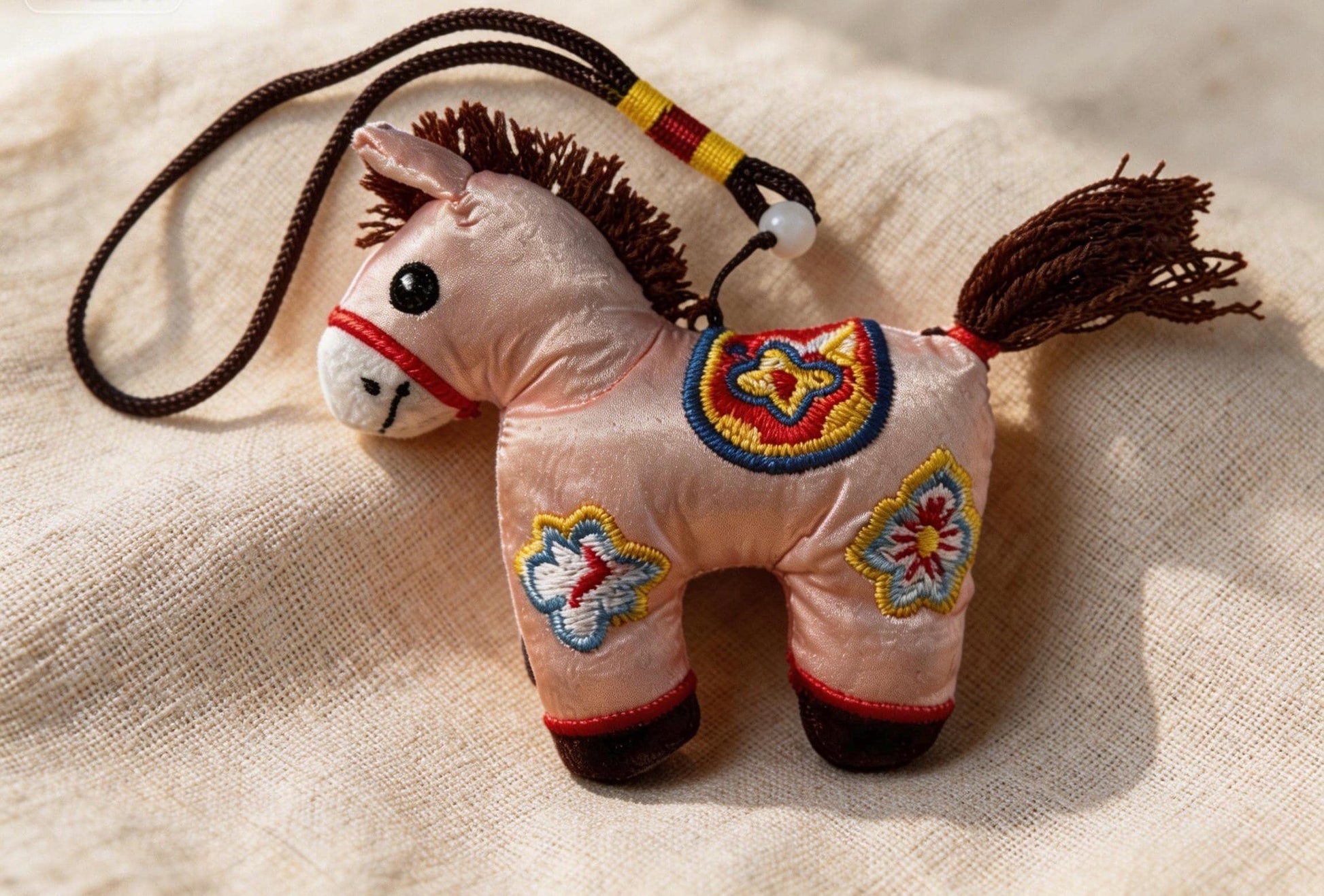 Pink Lucky Horse Charm from JOFAE Kyoto, handmade amulet symbolizing love, kindness, and emotional warmth in traditional artisan craft.