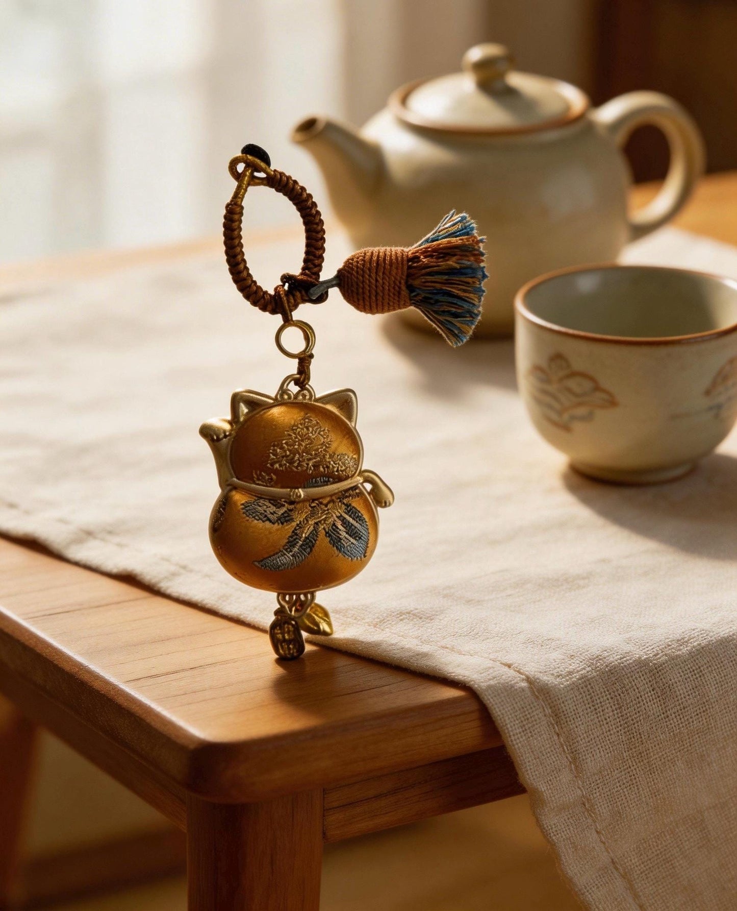 Yellow Maneki Neko Lucky Charm by JOFAE Kyoto, handmade amulet symbolizing wealth, success, and abundance in traditional artisan style.