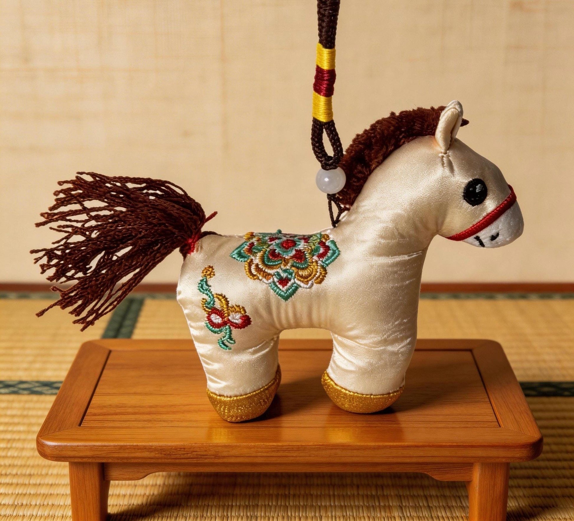 Hand-embroidered ivory Lucky Horse Charm by JOFAE Kyoto, a traditional Japanese amulet symbolizing protection and safe journeys.