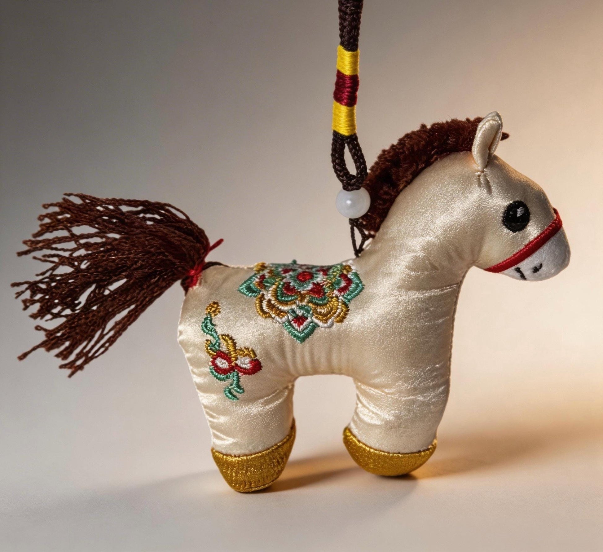 Hand-embroidered ivory Lucky Horse Charm by JOFAE Kyoto, Japanese amulet symbolizing safe journeys, protection, and gentle strength.