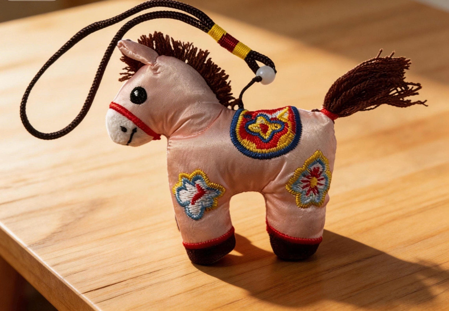 Pink Lucky Horse Charm from JOFAE Kyoto, handmade amulet symbolizing love, kindness, and emotional warmth, with traditional Kyoto craft style.