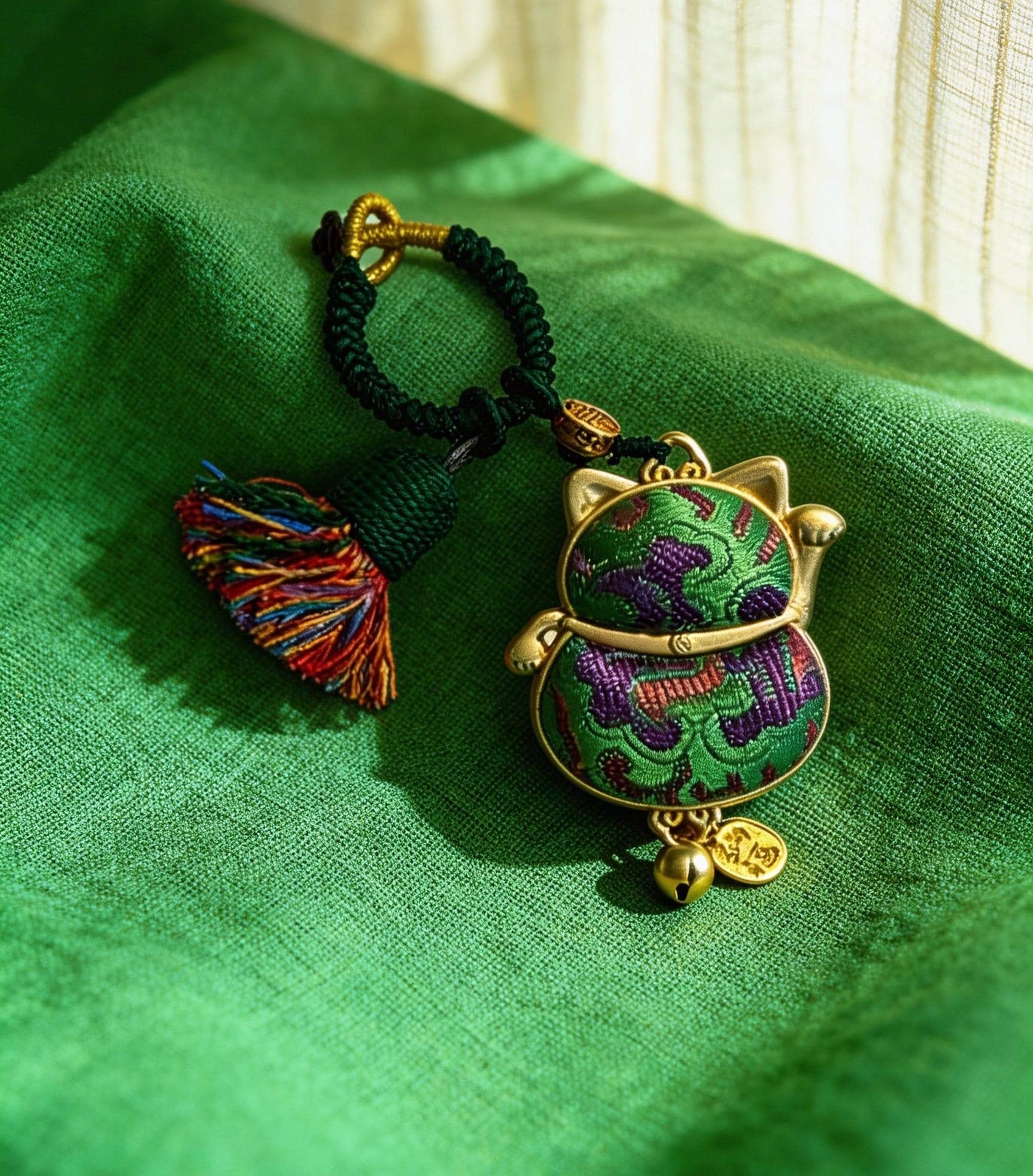 Green Maneki Neko Lucky Charm from JOFAE Kyoto, handmade Japanese amulet symbolizing luck, harmony, and balance.