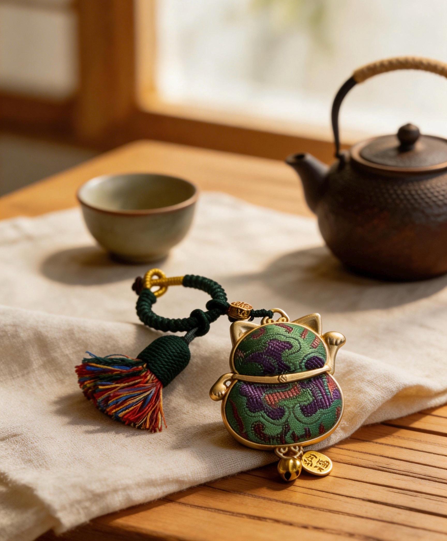 Green Maneki Neko Lucky Charm from JOFAE Kyoto, traditional Japanese craft symbolizing good luck, harmony, and balance.