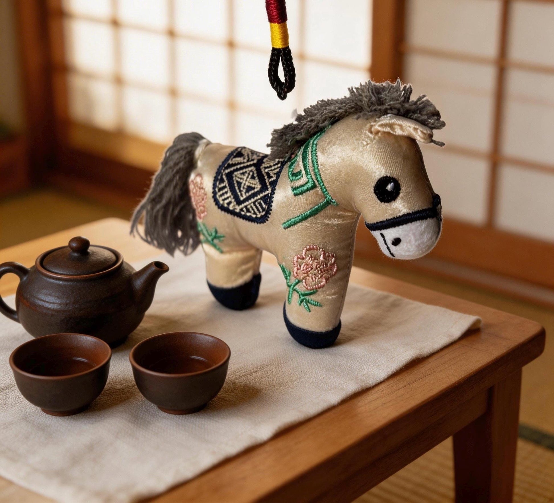 Blue Lucky Horse Charm by JOFAE Kyoto, a handmade Japanese amulet symbolizing travel protection and guidance.