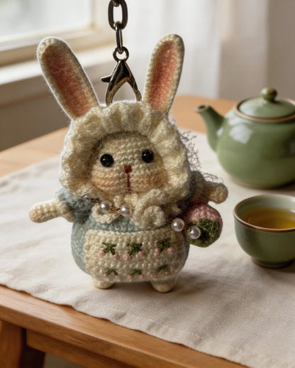 Kyoto-inspired handmade moon rabbit amigurumi charm by JOFAE Kyoto, featuring a cute crochet rabbit symbolizing peace and gentle luck.