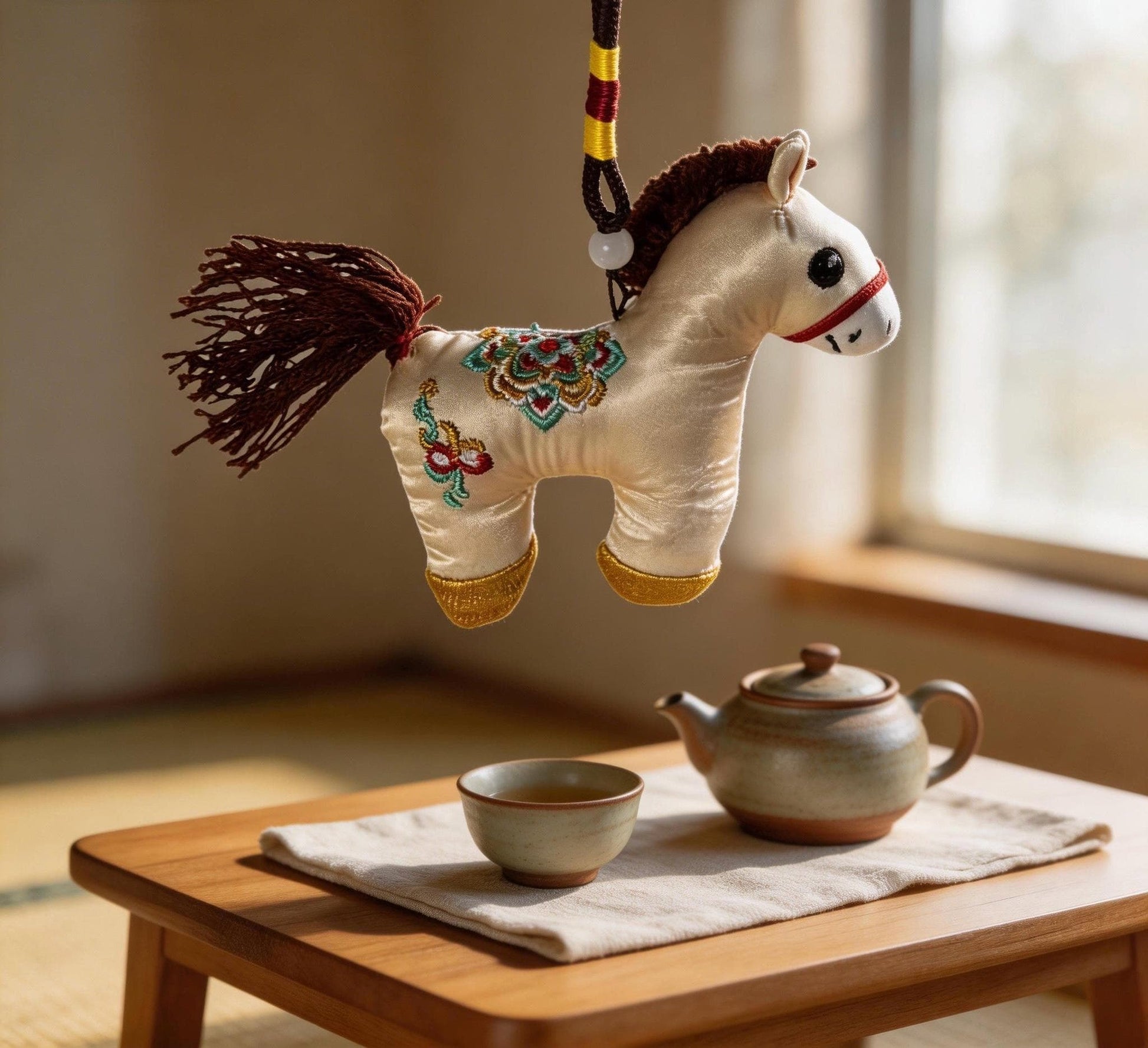 Kyoto-inspired handmade ivory Lucky Horse Charm by JOFAE Kyoto, featuring traditional Japanese embroidery symbolizing protection and safe journeys.