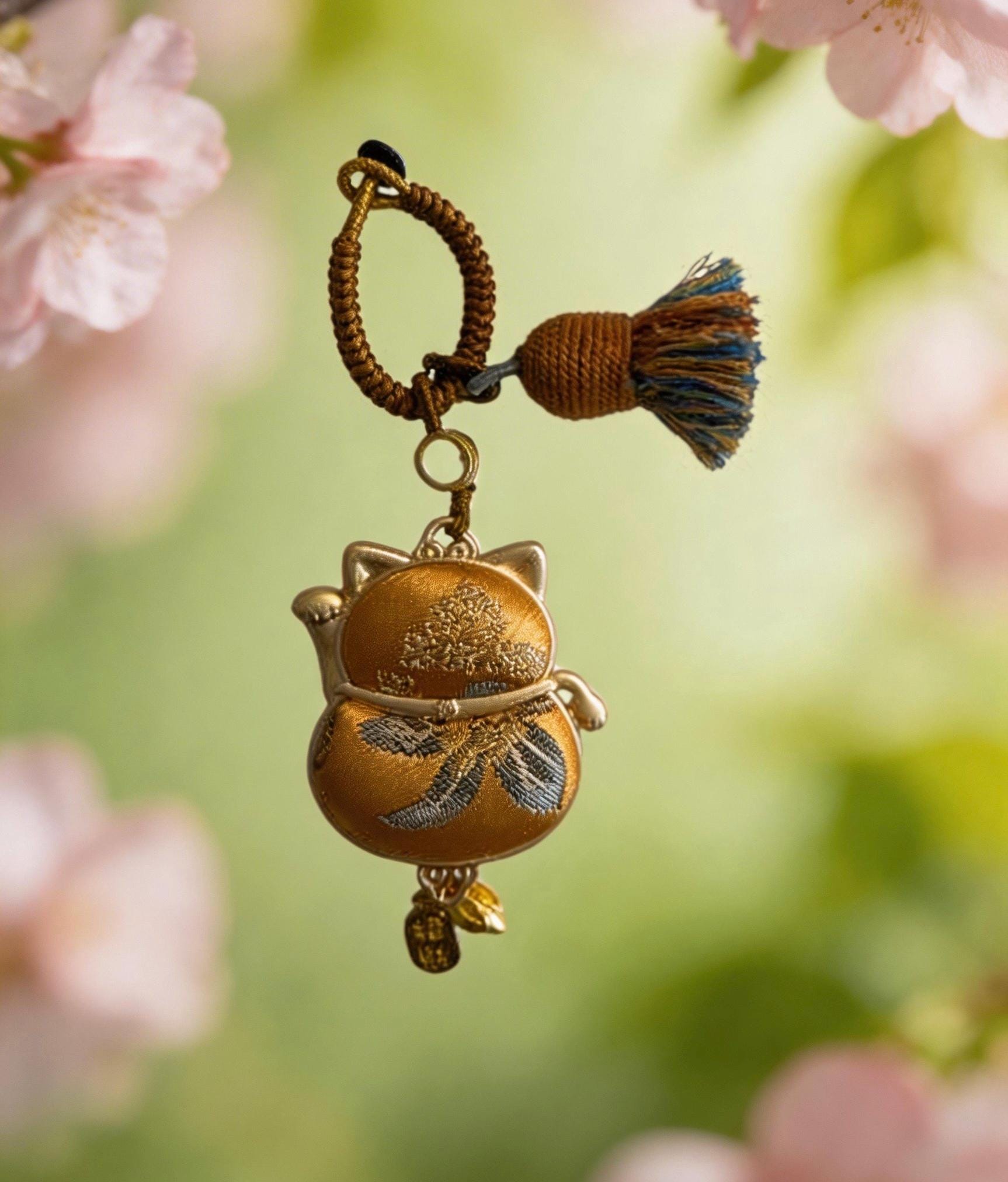 Yellow Maneki Neko Lucky Charm by JOFAE Kyoto, handmade amulet symbolizing wealth, success, and abundance in Japanese tradition.