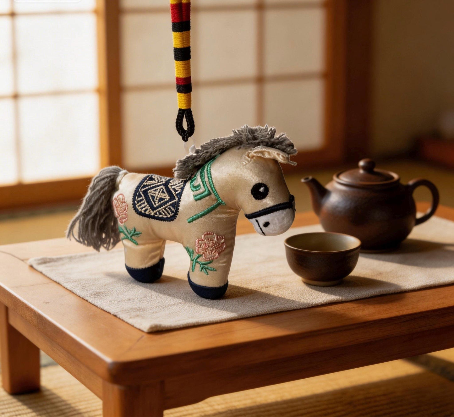 Blue Lucky Horse Charm by JOFAE Kyoto, handmade Japanese amulet for travel protection and guidance, traditional craft.