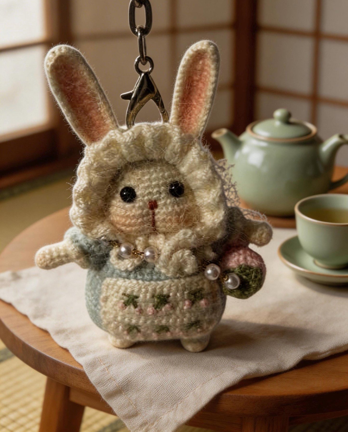 Kyoto-inspired handmade crochet moon rabbit lucky charm by JOFAE Kyoto, featuring a cute amigurumi design symbolizing peace and protection.