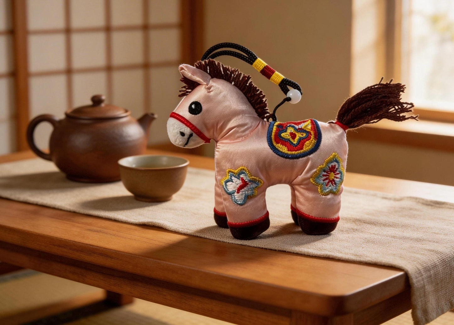 Pink Lucky Horse Charm by JOFAE Kyoto, handmade amulet symbolizing love, kindness, and emotional warmth in artisan Kyoto craft style.