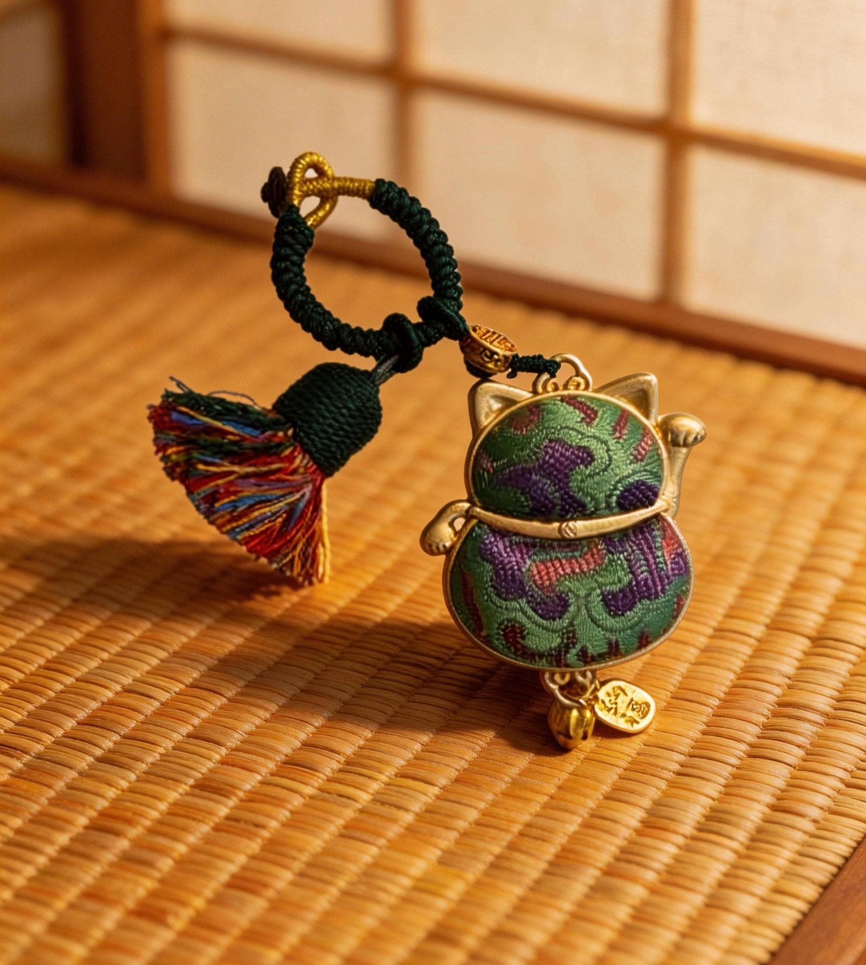 Green Maneki Neko lucky charm from JOFAE Kyoto, traditional Japanese handmade amulet symbolizing luck, harmony, and balance.