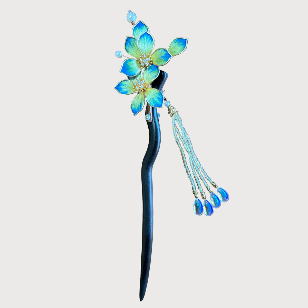 Blue Floral Hair Stick with Beaded Tassels 