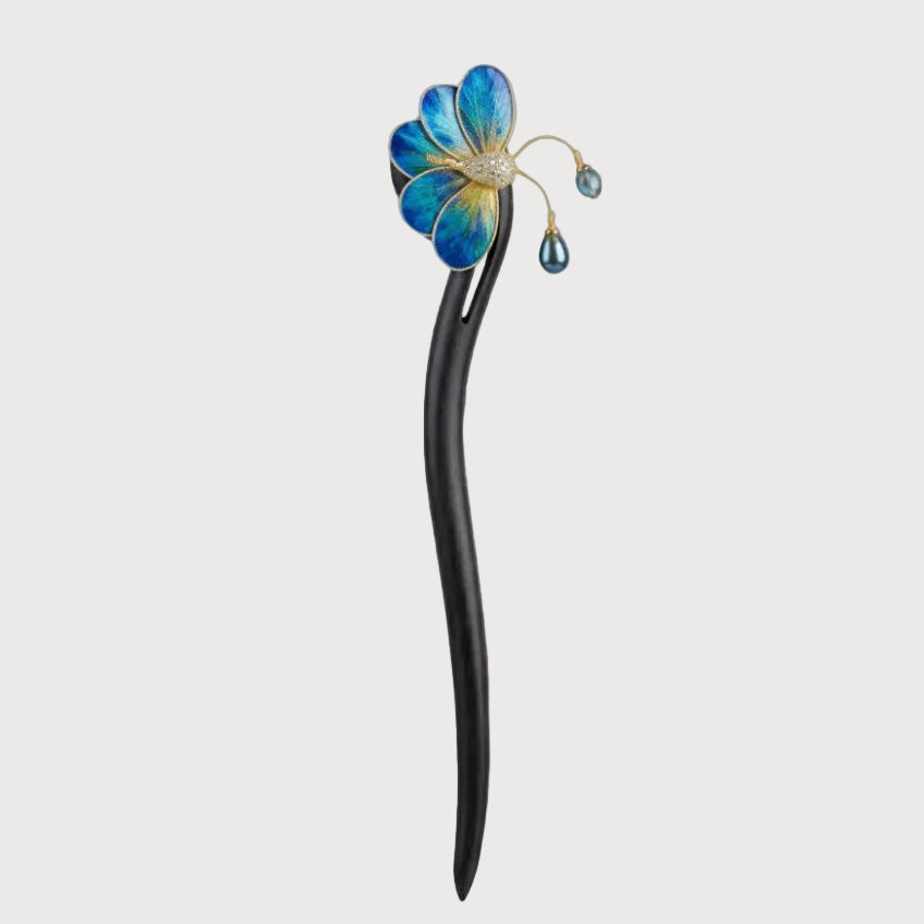Blue Petal Hair Stick with Teardrop Charm 