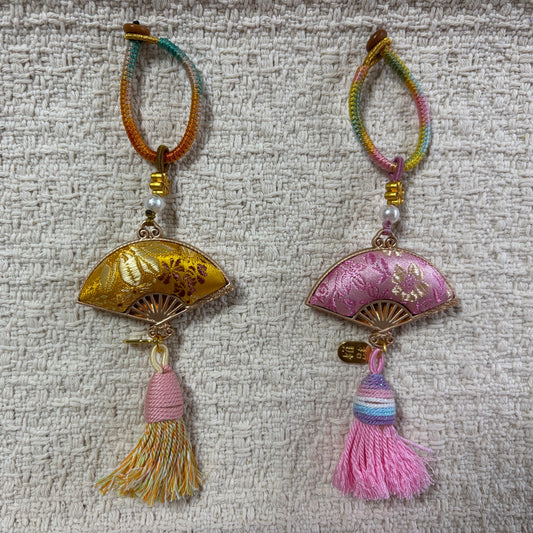 JOFAE Kyoto handmade folding fan charm with tassel, elegant keychain accessory showcasing traditional Japanese design.