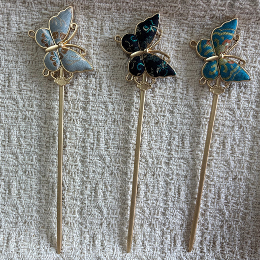 JOFAE Kyoto vintage butterfly hair stick with Chinese brocade design, elegant traditional hair accessory for Hanfu, Kimono, and everyday styling.