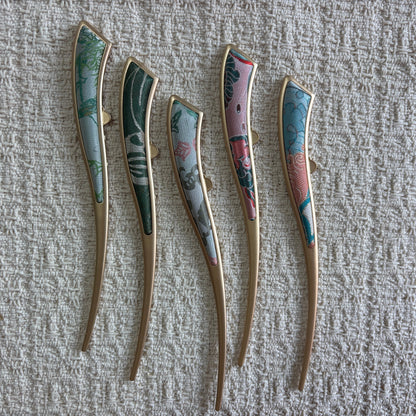 JOFAE Kyoto handmade silk brocade crescent hair pin with intricate pattern, elegant accessory for everyday wear.