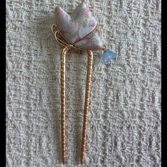 JOFAE Blossom Bud floral brocade hair fork with lily bell charm, elegant jewelry accessory for updo hairstyles.