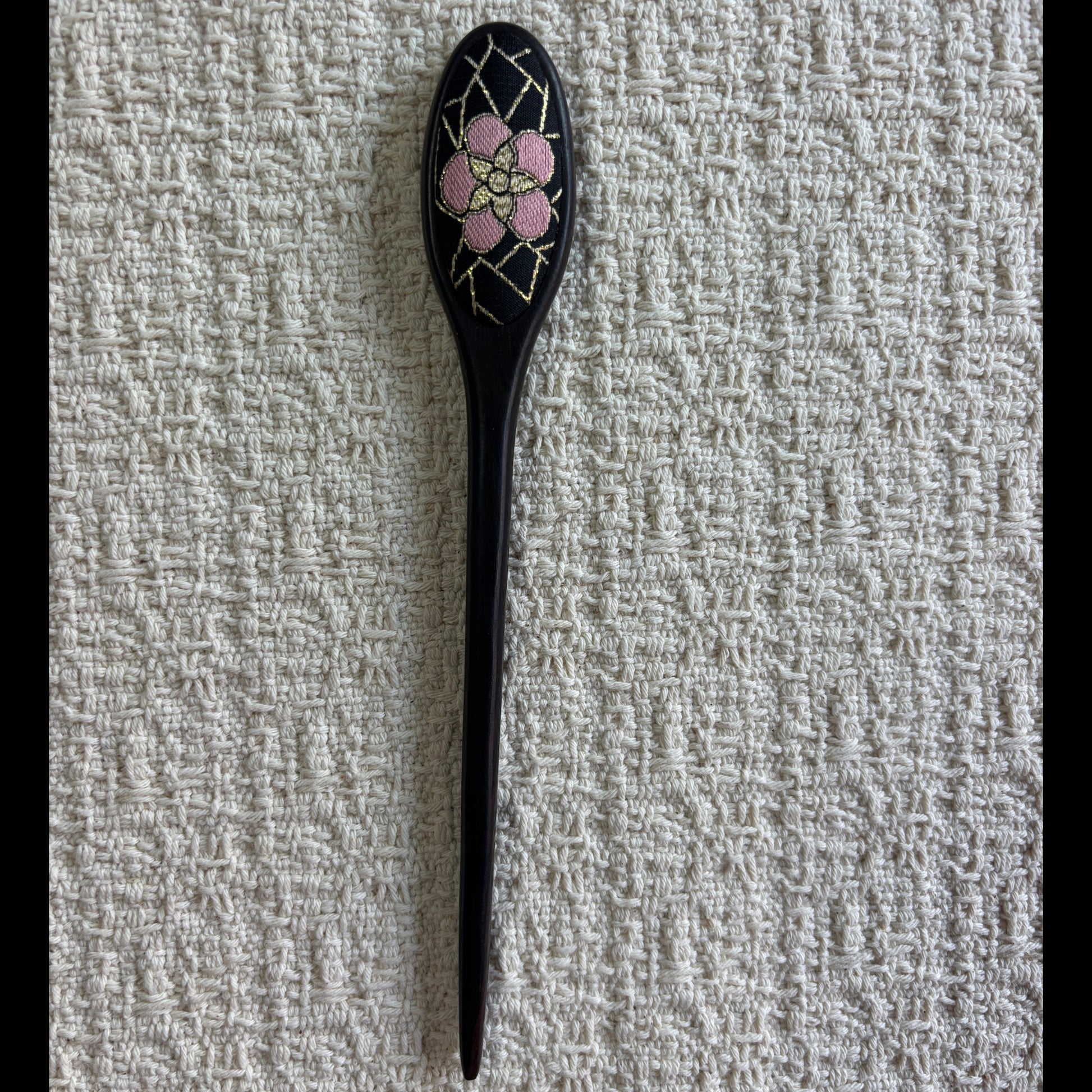 JOFAE Kyoto Sakura Blossom wooden hair stick with ebony black finish and floral brocade design for elegant traditional hairstyle accessories.