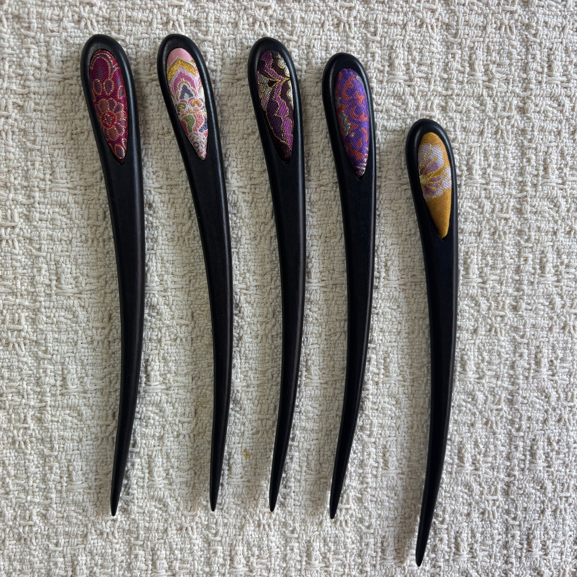 JOFAE Kyoto ebony drop wooden hair stick with handmade brocade inlay, inspired by Kyoto minimalism for elegant hair styling.