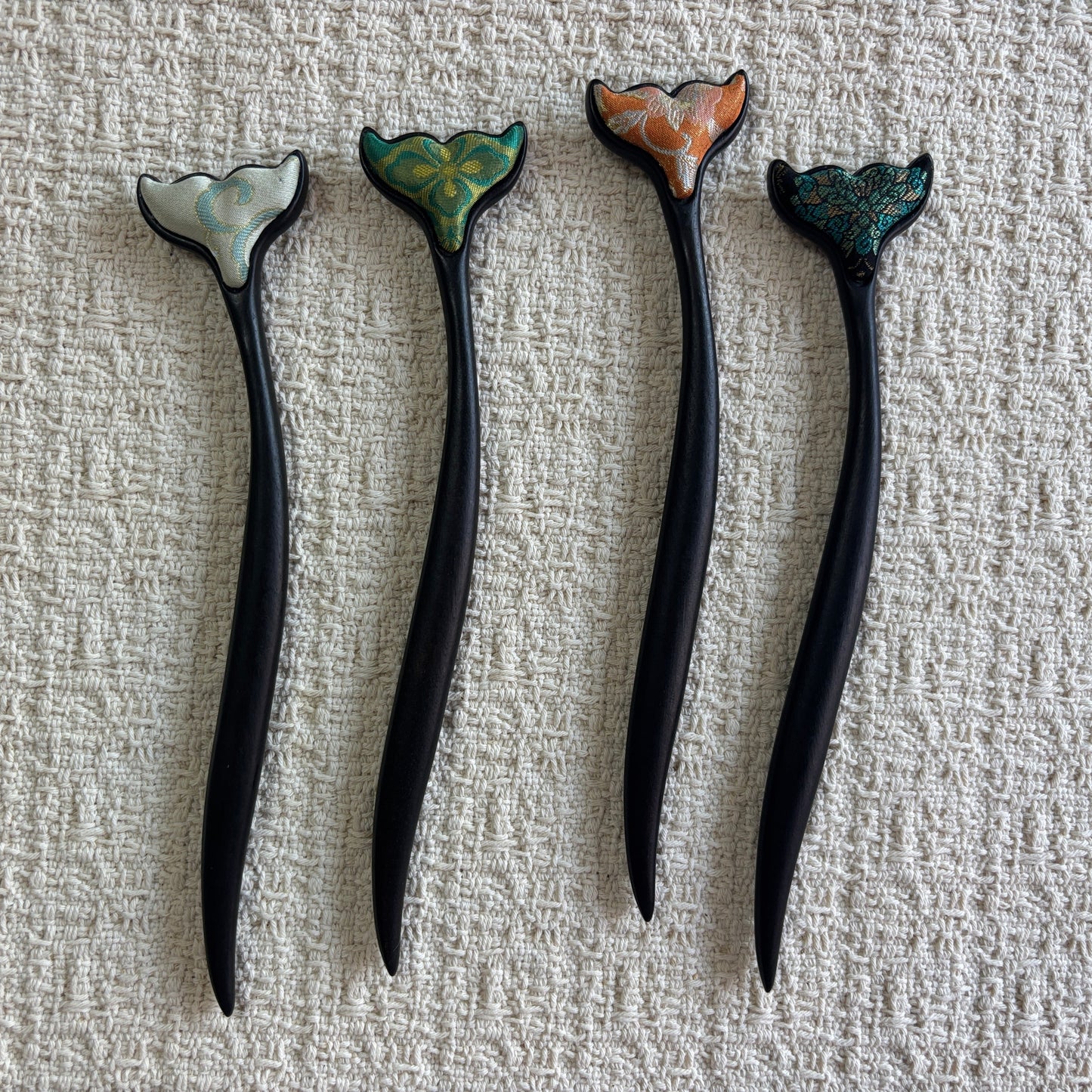 JOFAE Kyoto whale tail wooden hair stick with ocean-inspired brocade design, traditional Japanese hair accessory.