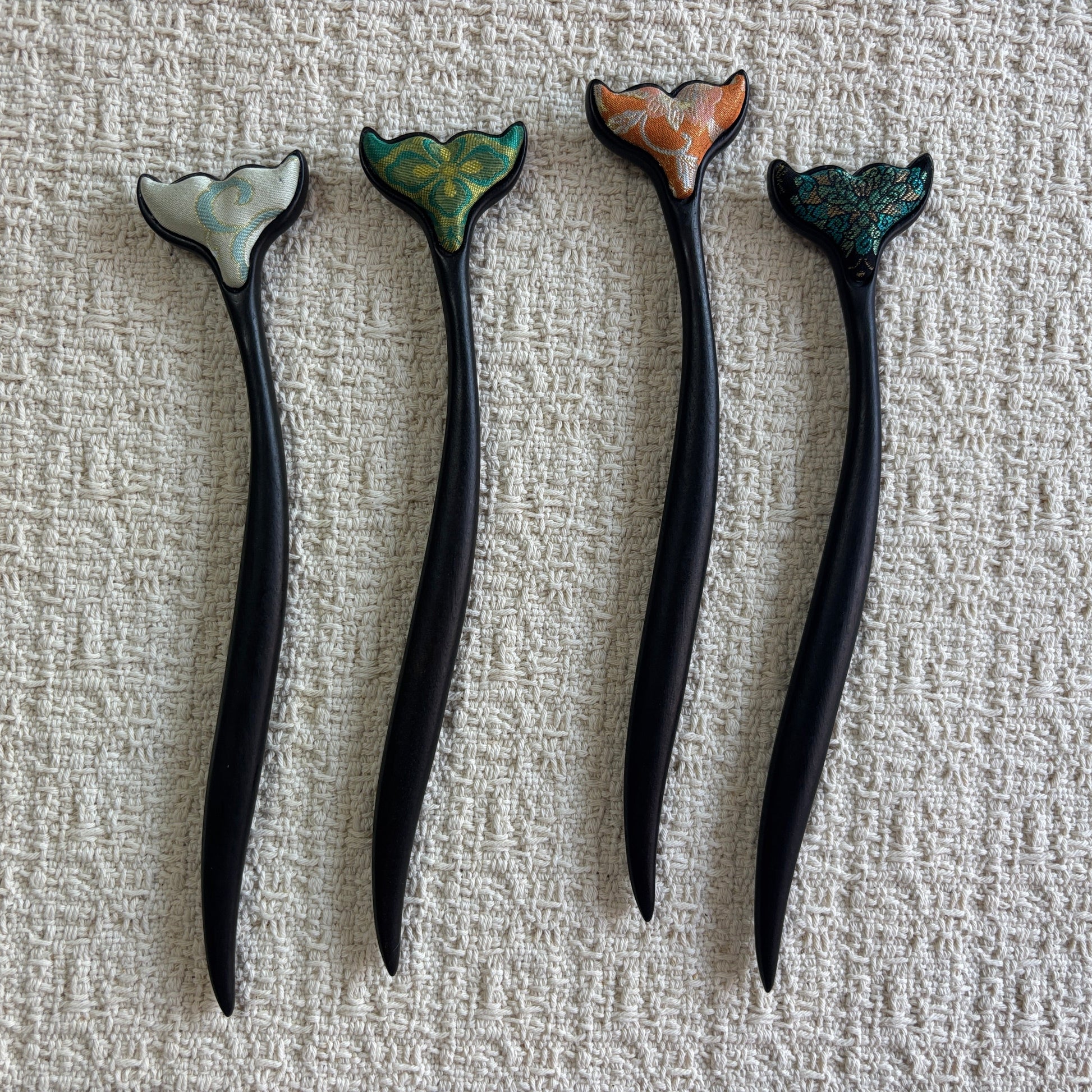 JOFAE Kyoto whale tail wooden hair stick with ocean-inspired brocade design, traditional Japanese hair accessory.