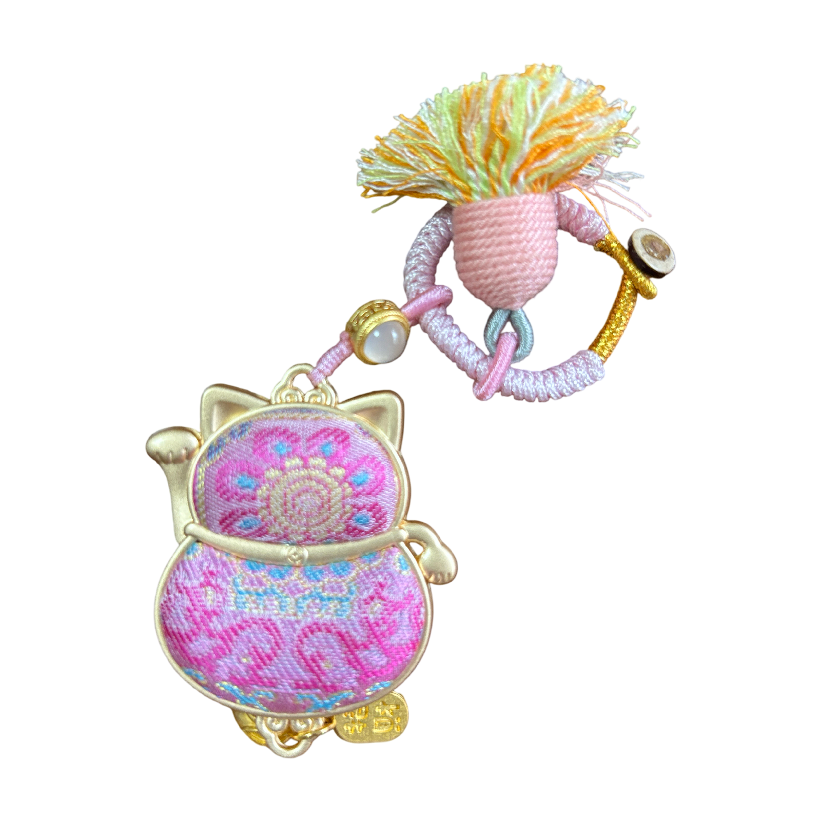 Pink Maneki Neko lucky charm handmade by JOFAE Kyoto, featuring a traditional Japanese cat amulet with a waving paw.