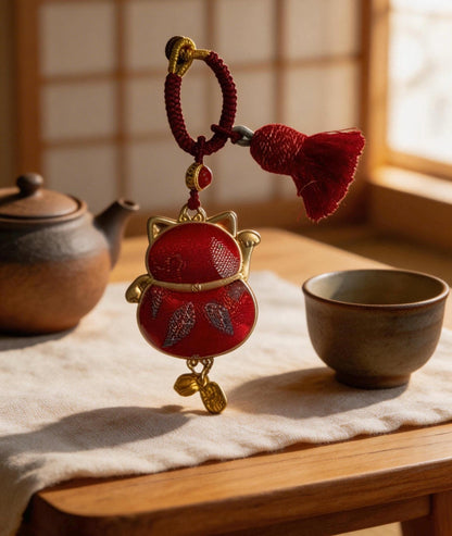 Red Maneki Neko lucky charm by JOFAE Kyoto featuring traditional Japanese craftsmanship, symbolizing wealth, prosperity, and good fortune.