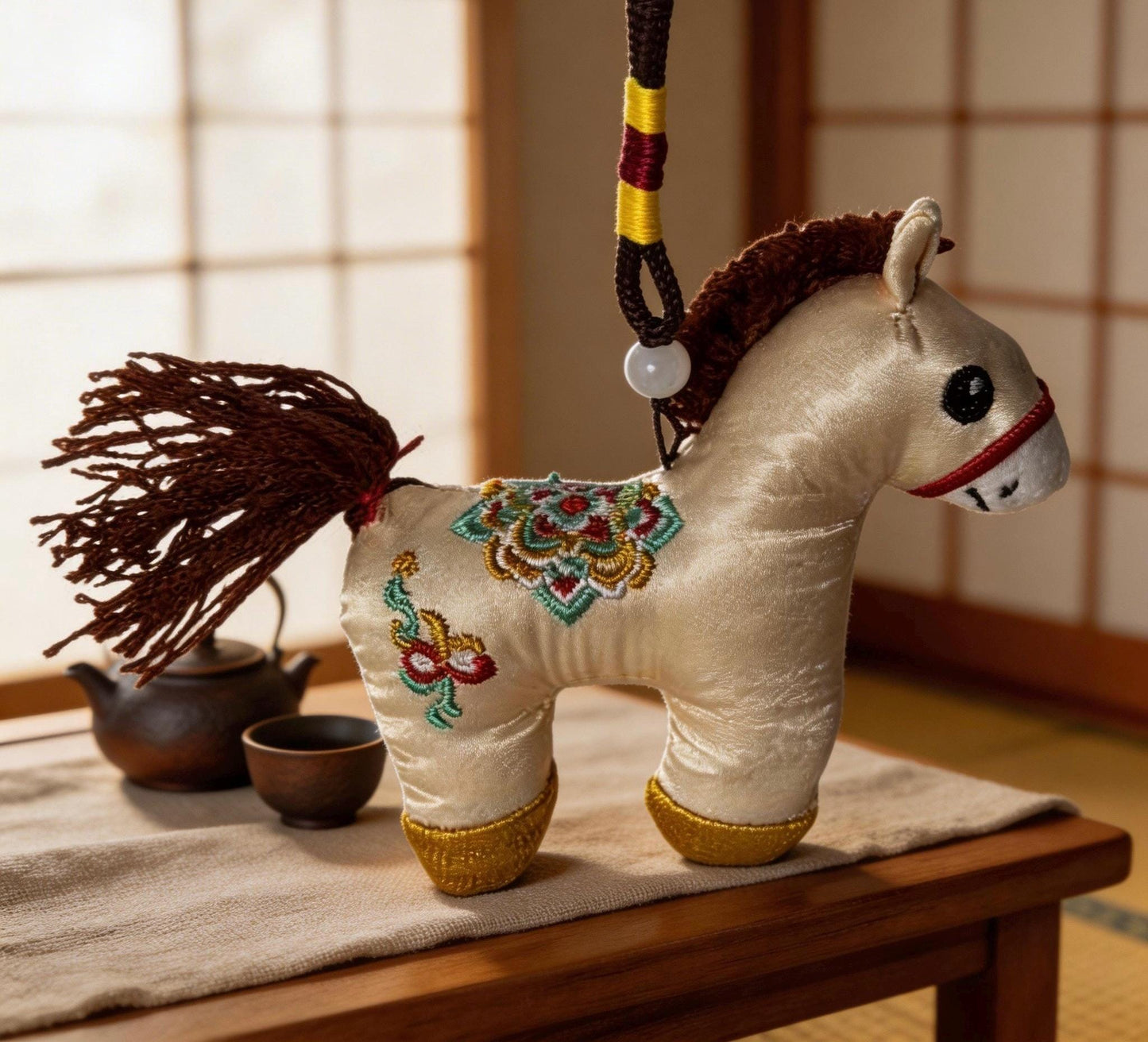 Hand-embroidered ivory Lucky Horse Charm by JOFAE Kyoto, a traditional Japanese amulet symbolizing protection and safe journeys.