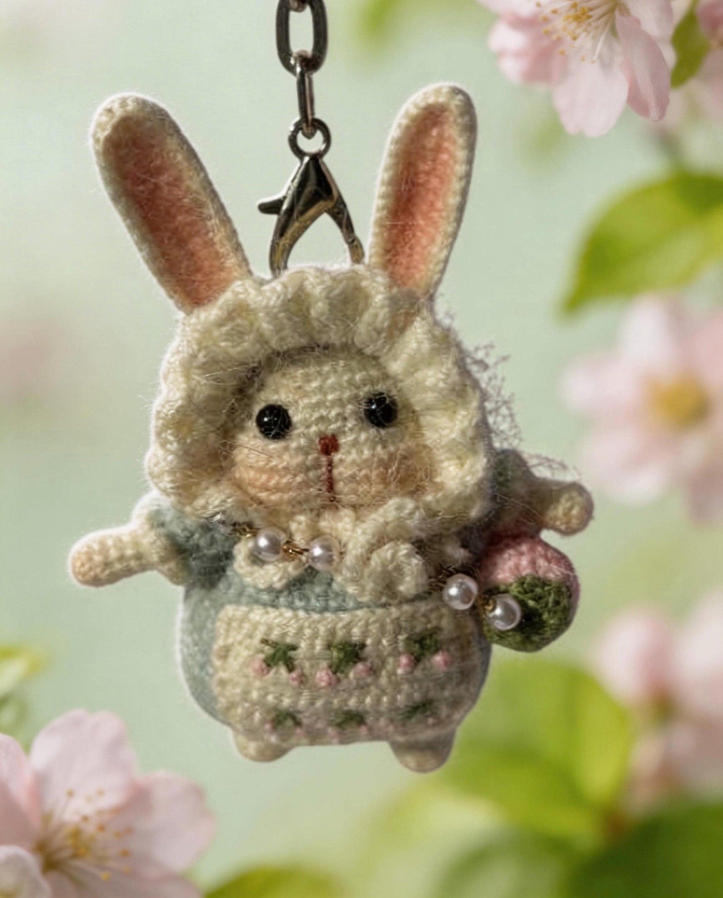 Kyoto-inspired handmade crochet moon rabbit lucky charm by JOFAE Kyoto, featuring intricate amigurumi design symbolizing peace and protection.