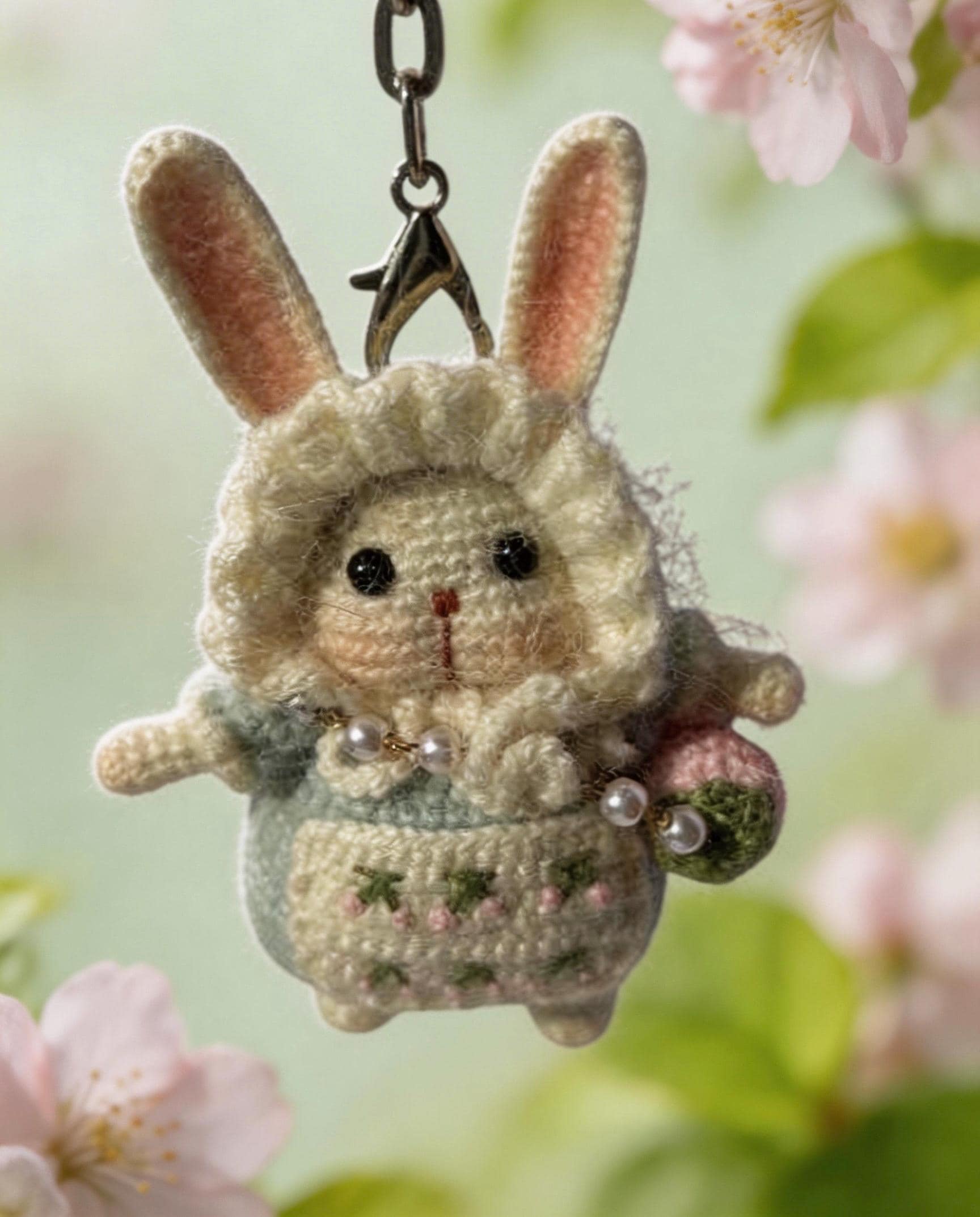 Kyoto-inspired handmade crochet moon rabbit lucky charm by JOFAE Kyoto, featuring intricate amigurumi design symbolizing peace and protection.