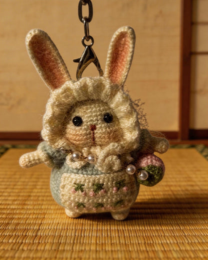 Kyoto-inspired handmade Moon Rabbit lucky charm by JOFAE Kyoto, a crochet amigurumi symbol of peace and protection.