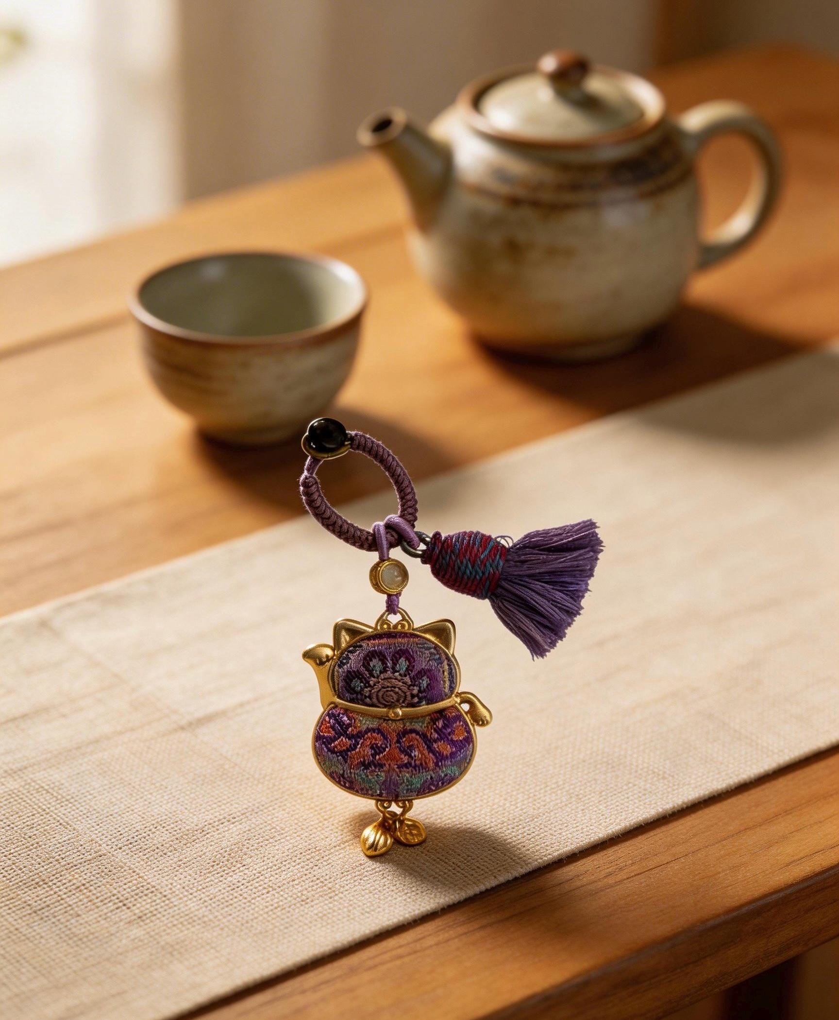 Purple Maneki Neko Lucky Charm by JOFAE Kyoto, handmade Japanese amulet symbolizing protection, wisdom, and inner balance.