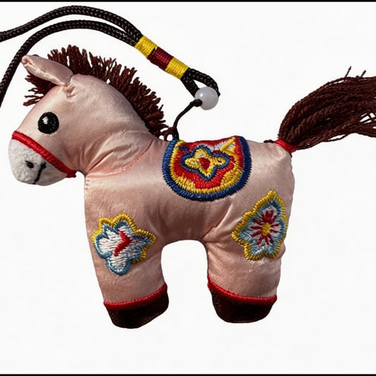 Pink Lucky Horse Charm by JOFAE Kyoto, handmade amulet symbolizing love, kindness, and warmth with traditional Kyoto craftsmanship.