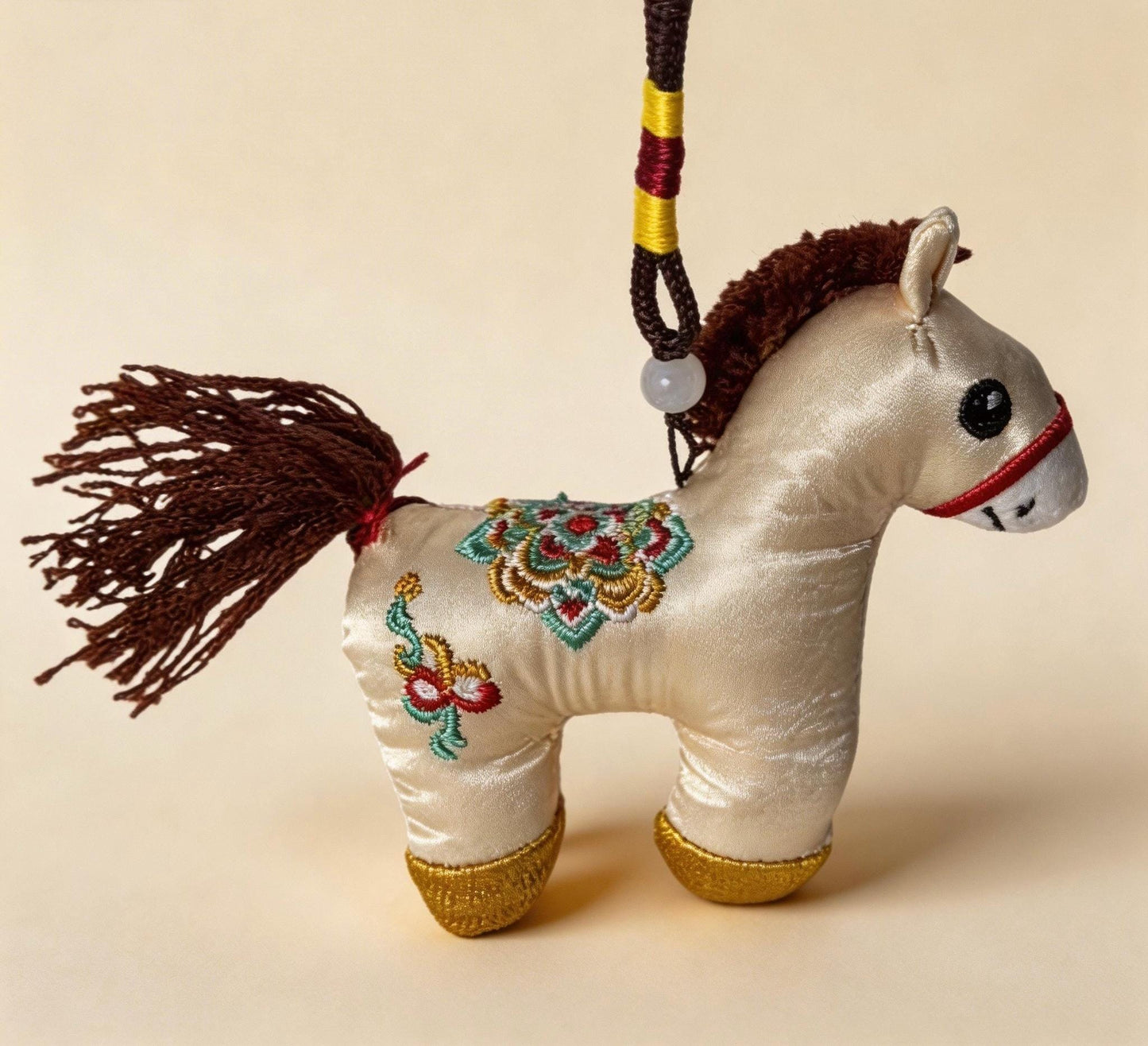 Ivory Lucky Horse Charm by JOFAE Kyoto, handmade Japanese amulet with hand-embroidery, symbol of protection, safe journey, and gentle strength.